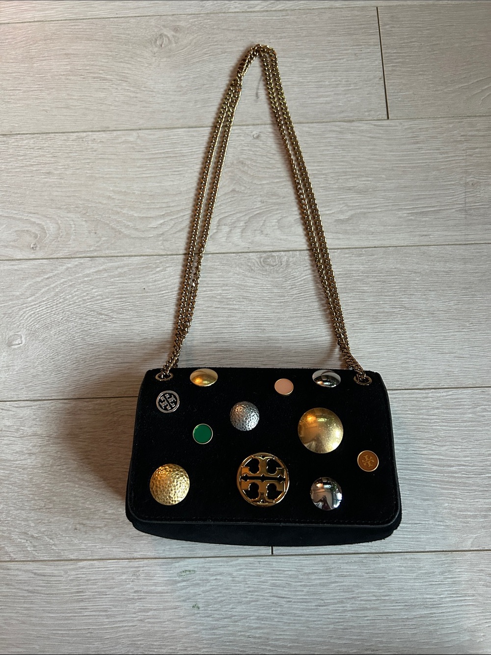 Tory Burch Black Velvet Shoulder Bag with Gold Chain and Mixed Studs